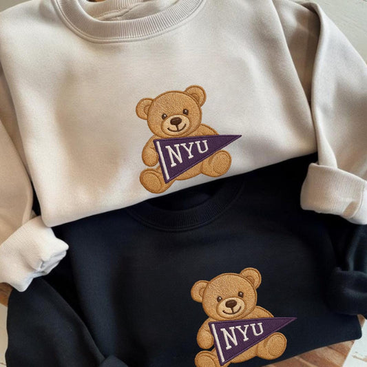 Custom College Sweatshirt, Embroidered Teddy Bear Sweatshirt, Custom University Name Pennant Shirt, Custom College Tee, Gift for collegue