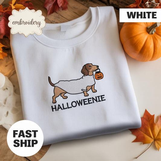 Embroidered Dachshund Halloween Ghost Shirt, Trick or Treat Weenie Dog Shirt, Spooky Season Halloweenie Shirt, Doxie Mom Shirt