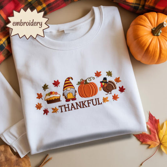 Embroidered Autumn Gnomes Sweatshirt, Cozy Fall Embroidered Shirt, Thankful Gnome Fall Sweatshirt, Cute Thanksgiving Gnome Sweater