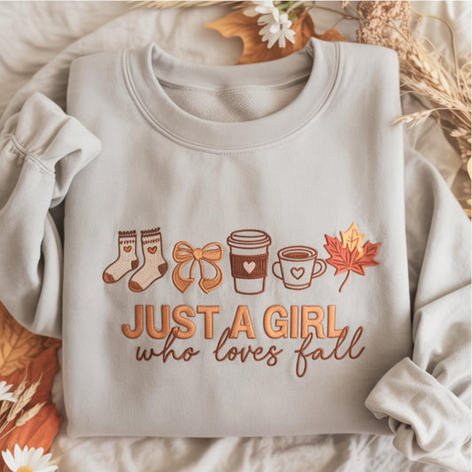 Embroidery Just A Girl Who Loves Fall Sweatshirt, Cozy Autumn Coffee Sweater, Cute Fall Vibes Crewneck, Embroidered Thanksgiving Gift