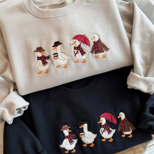 Cozy Duck Embroidered Sweatshirt, Autumn Cozy Shirt, Cute Duck Hoodie, Fall Aesthetic Embroidery, Funny Fall Duck Sweatshirt, Gift for Mom