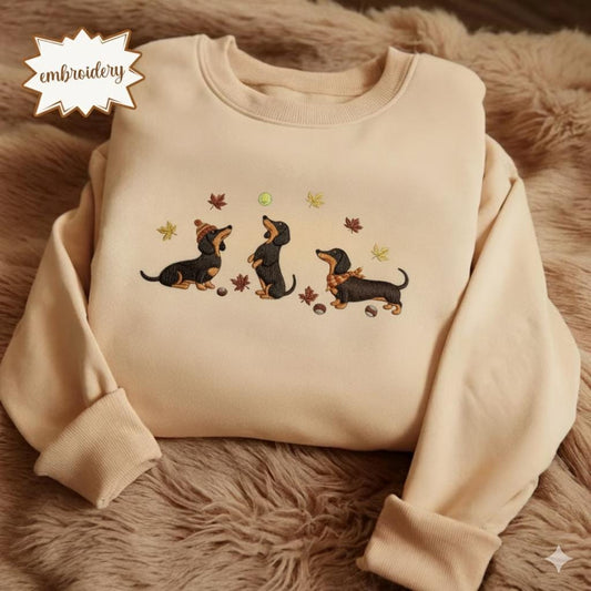 Dachshund Embroidered Sweatshirt, Fall Autumn Leaves Dog Lover Crewneck, Wiener Dog Embroidery Gift Top