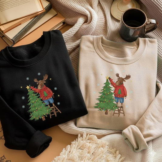 Christmas Moose Embroidered Sweatshirt | Holiday Animal Embroidery Shirt | Funny Winter Moose Embroidered Top