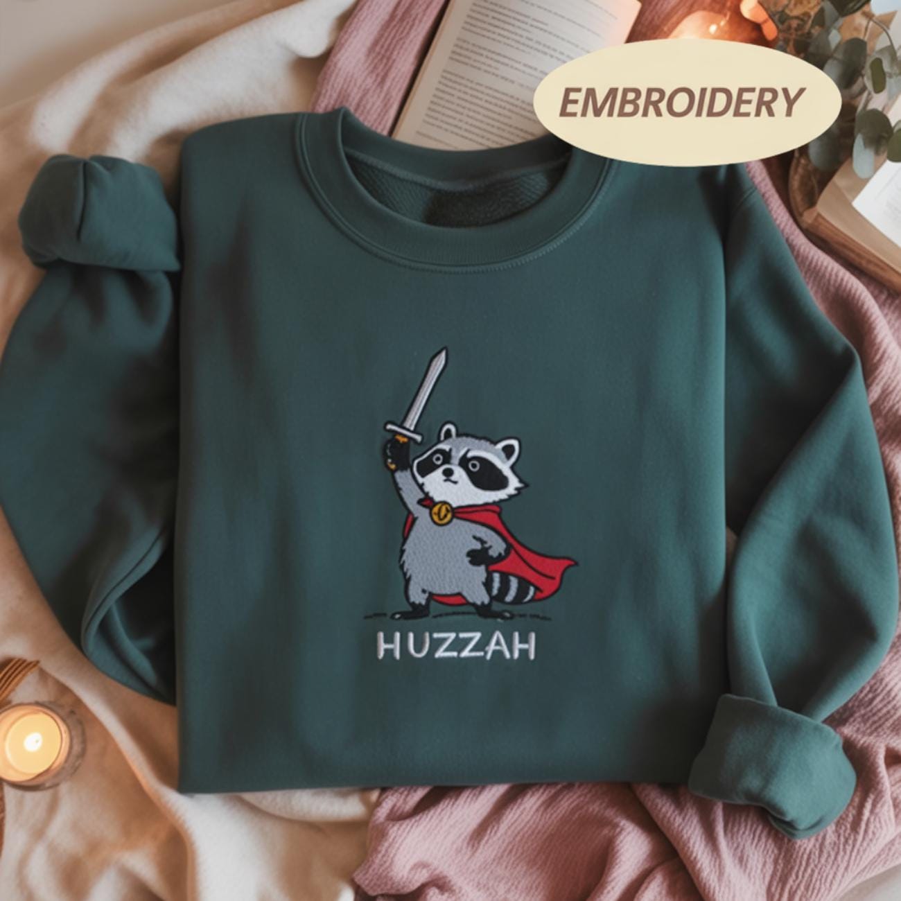 Huzzah Raccoon with Sword Embroidered Sweatshirt, Funny Medieval Tee, Chaotic Raccoon Shirt, Renaissance Faire Gift, DnD Gamer Top