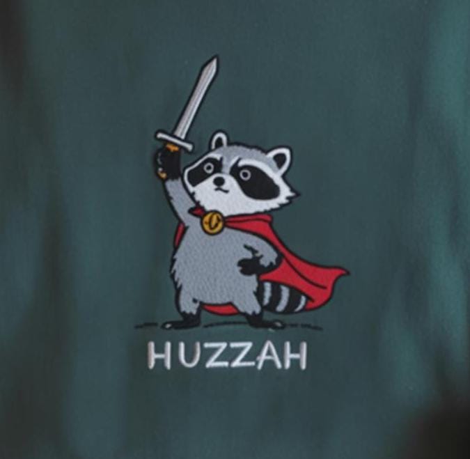 Huzzah Raccoon with Sword Embroidered Sweatshirt, Funny Medieval Tee, Chaotic Raccoon Shirt, Renaissance Faire Gift, DnD Gamer Top