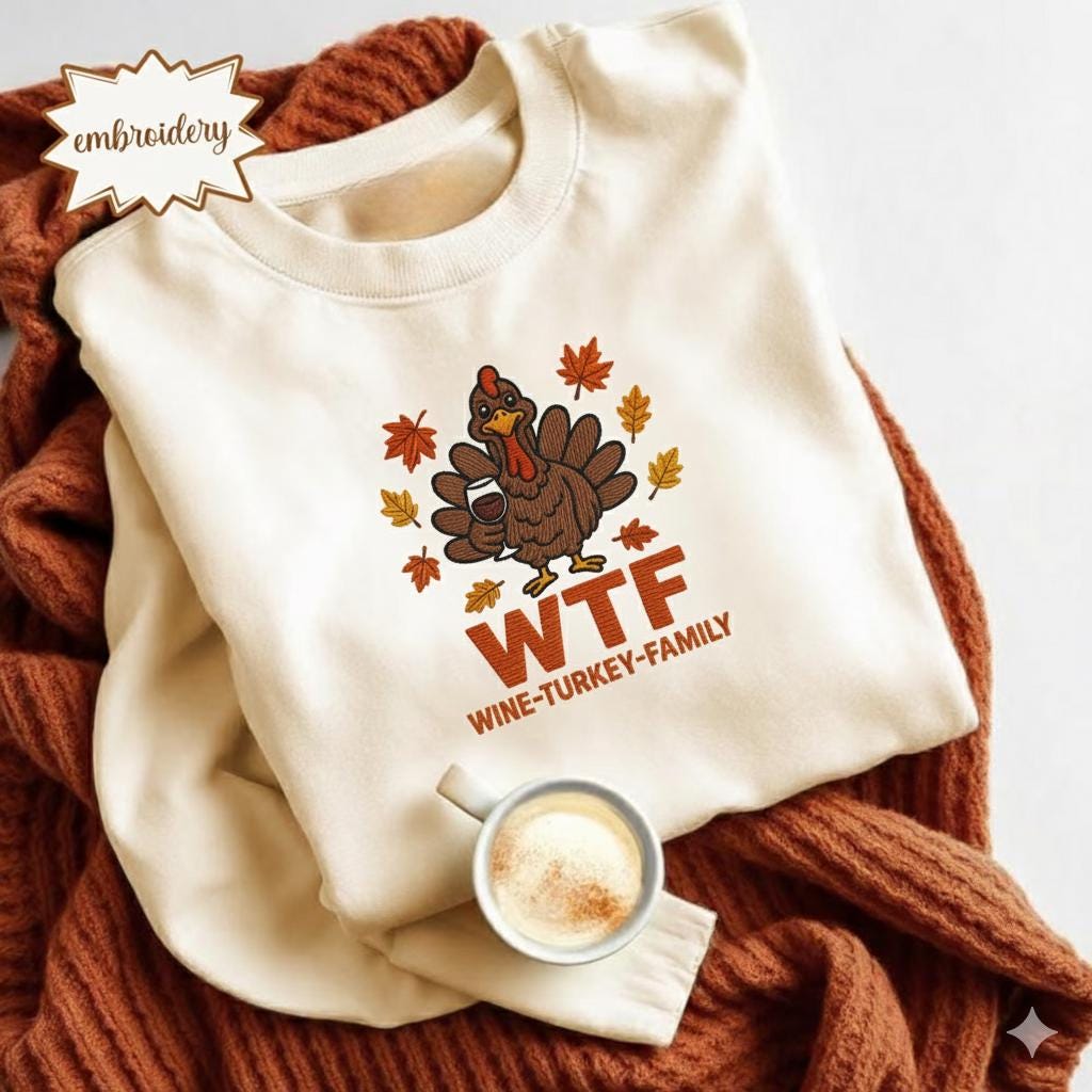 Funny WTF Thanksgiving Family Embroidered Shirt, Thanksgiving Food Embroidery Tee, Cozy Fall Mama Embroidered Top, Wine Turkey Friends Shirt
