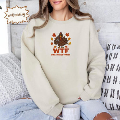 Funny WTF Thanksgiving Family Embroidered Shirt, Thanksgiving Food Embroidery Tee, Cozy Fall Mama Embroidered Top, Wine Turkey Friends Shirt