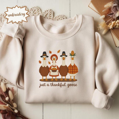Just a Thankful Goose Embroidered Shirt, Goose Embroidery Tee, Silly Goose Shirt, Friendsgiving Embroidered, Family Turkey Day Shirts