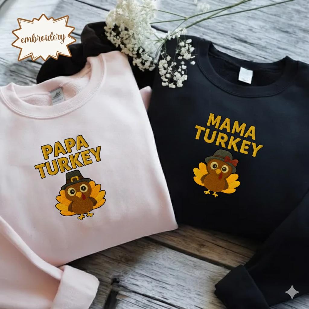 Papa Mama Turkey Thanksgiving Shirt, Matching Family Embroidered Tee