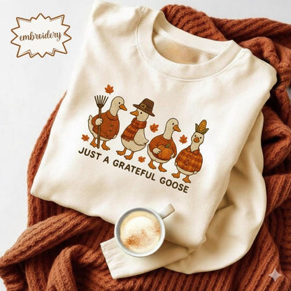 Grateful Goose Embroidered Thanksgiving Shirt, Trendy Fall Top