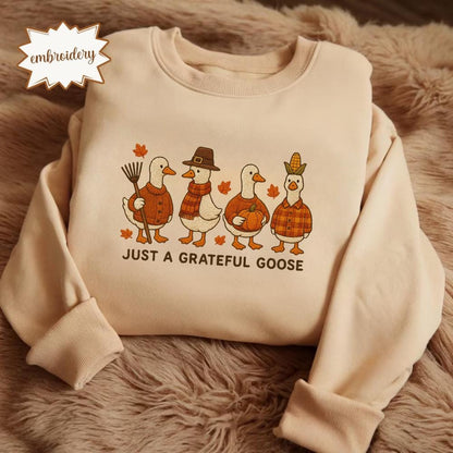 Grateful Goose Embroidered Thanksgiving Shirt, Trendy Fall Top