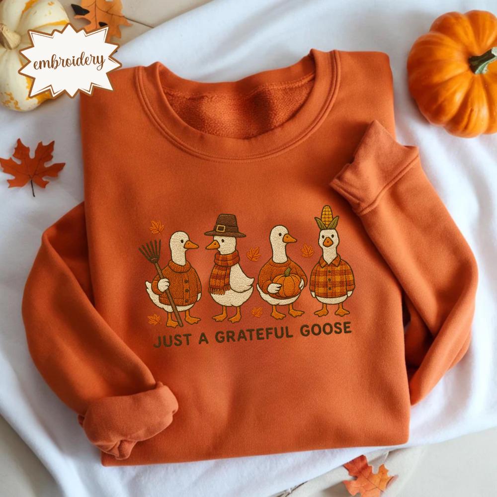 Grateful Goose Embroidered Thanksgiving Shirt, Trendy Fall Top