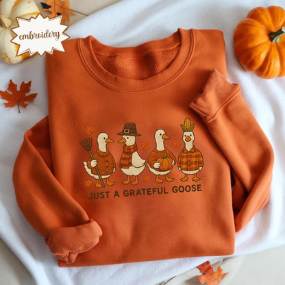 Grateful Goose Embroidered Thanksgiving Shirt, Trendy Fall Top