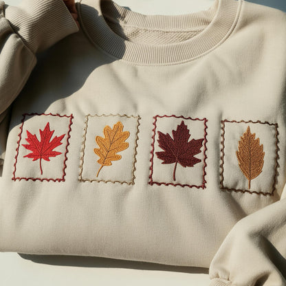 Embroidered Fall Leaves Sweatshirt, Cozy Autumn Crewneck