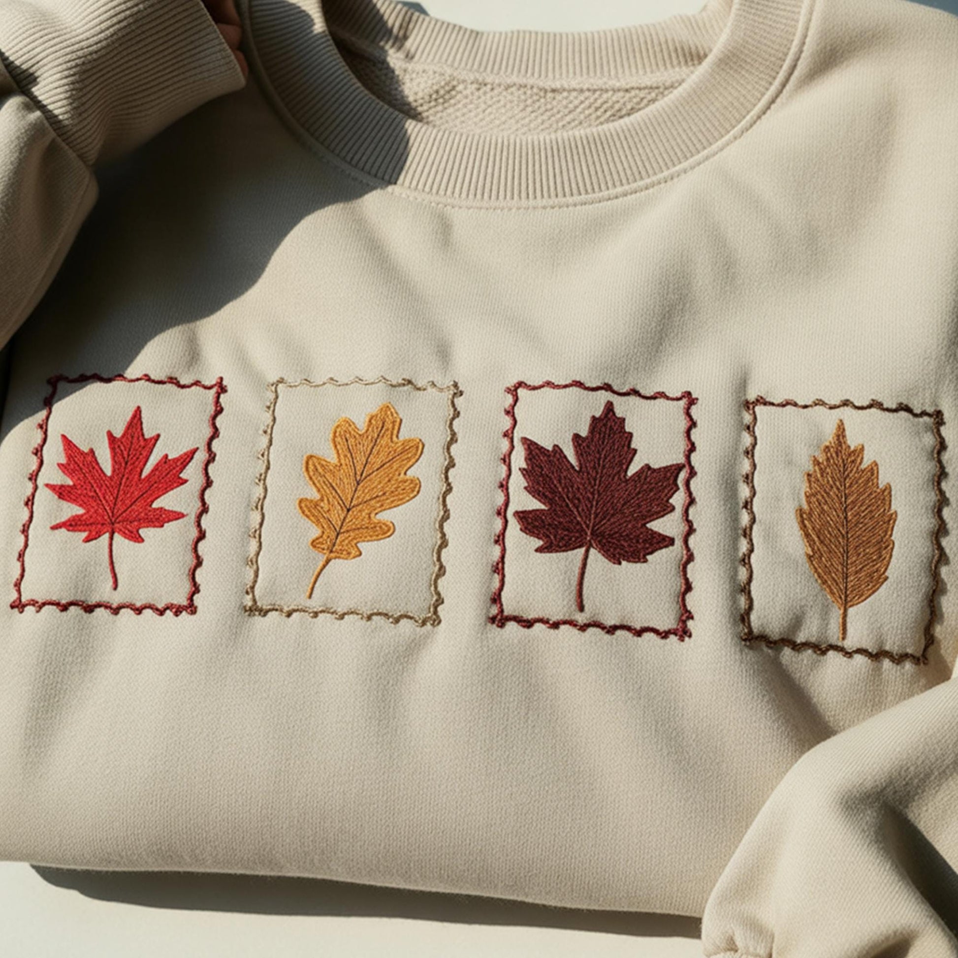 Embroidered Fall Leaves Sweatshirt, Cozy Autumn Crewneck
