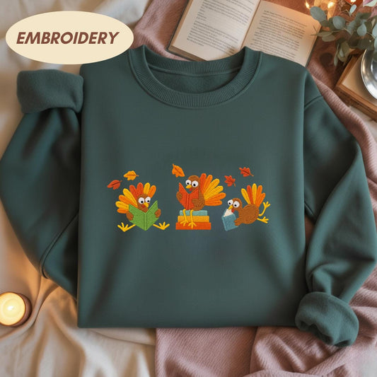 Embroidered Turkey Reading Shirt, Thanksgiving Librarian Fall Teacher Tee