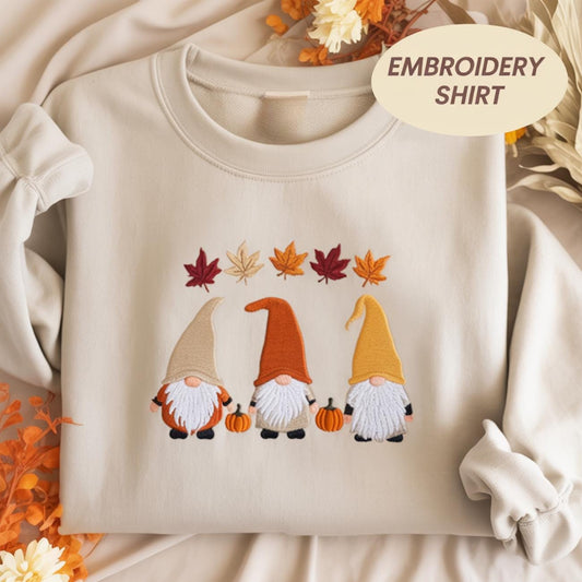 Embroidered Fall Gnomes Shirt, Fall Vibes Sweatshirt, Thanksgiving Gnomes shirt, Fall Lovers Shirt, Cute Thanksgiving Gnomes Shirt