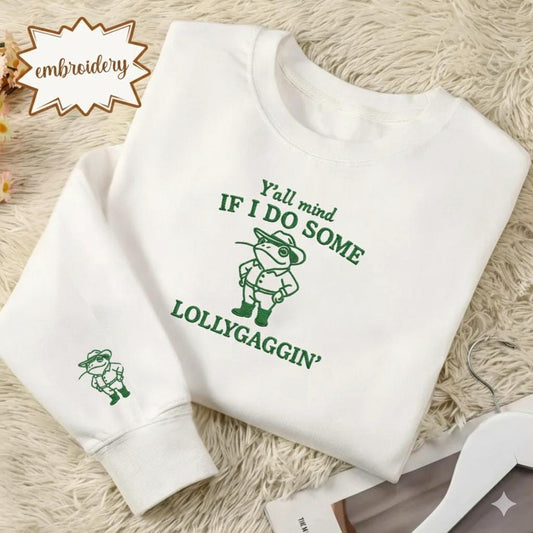 Y'all Mind If I Do Some Lollygagging Embroidered Shirt, Retro Frog Embroidery Tee, Cute Vintage Frog Lover Top, Funny Gift Shirt