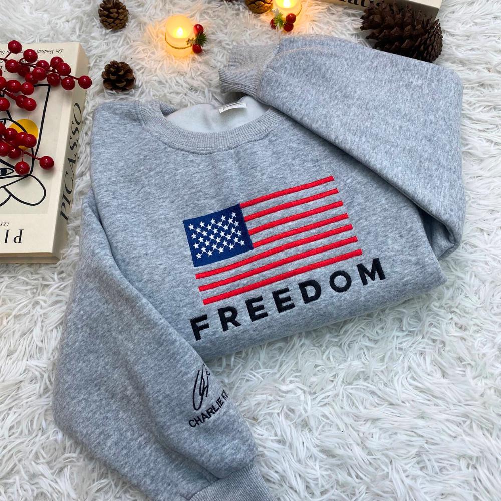 Freedom USA Embroidery Tee | Patriotic Embroidered Shirt | Charlie Kirk Inspired Turning Point Top | Free Speech USA Embroidered Apparel