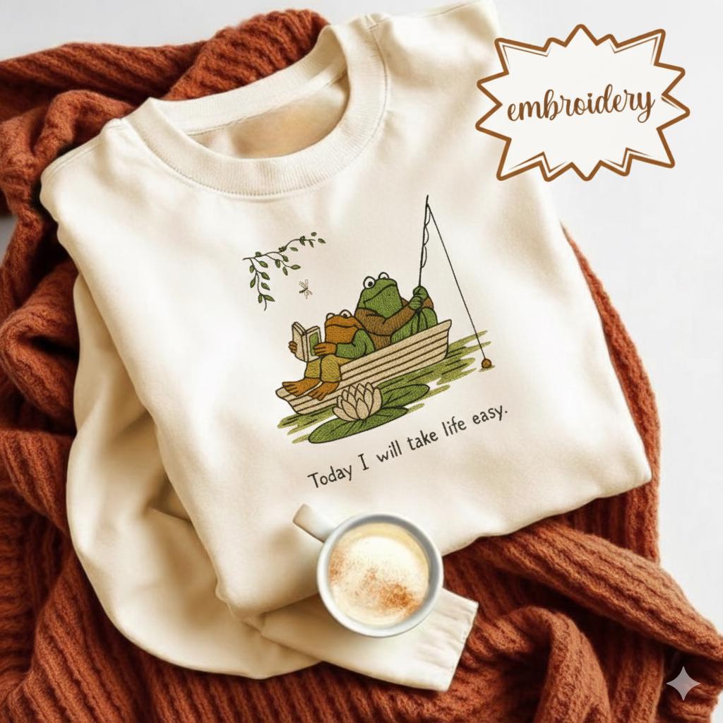 Frog and Toad Embroidered Shirt, Vintage Embroidery Tee, Take Life Easy Laid-back Embroidered Gift Top