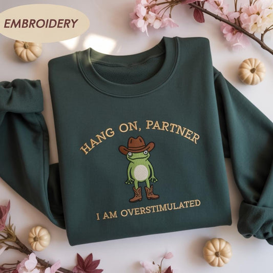 Embroidered Cowboy Frog Sweatshirt, Funny Weirdcore Jumper