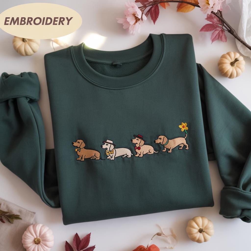 Embroidered Dachshund Shirt, Halloween Dachshund Shirt, Halloween Cute Dog Shirt, Cute Ghost Dogs Halloween Shirt, Wiener Dog Mom Fall Tee