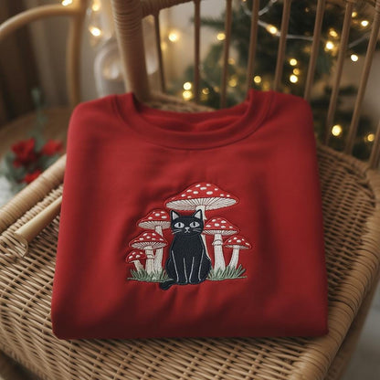 Mushroom Cat Embroidered Sweatshirt, Cute Autumn Crewneck, Cozy Fall Embroidery Gift for Cat Lovers