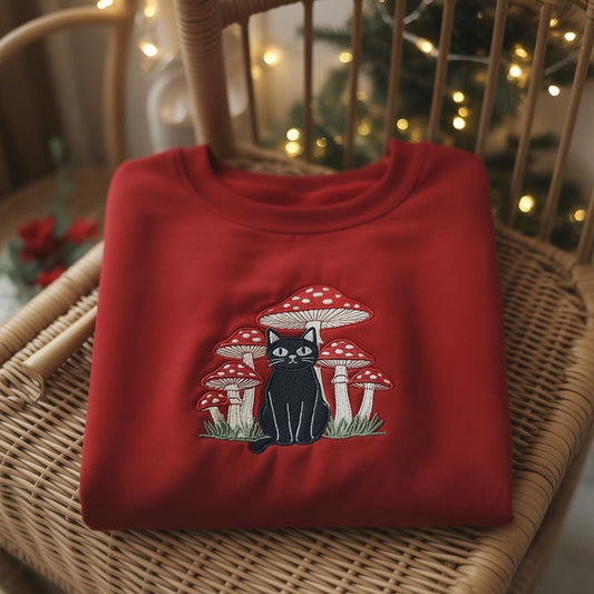 Mushroom Cat Embroidered Sweatshirt, Cute Autumn Crewneck, Cozy Fall Embroidery Gift for Cat Lovers