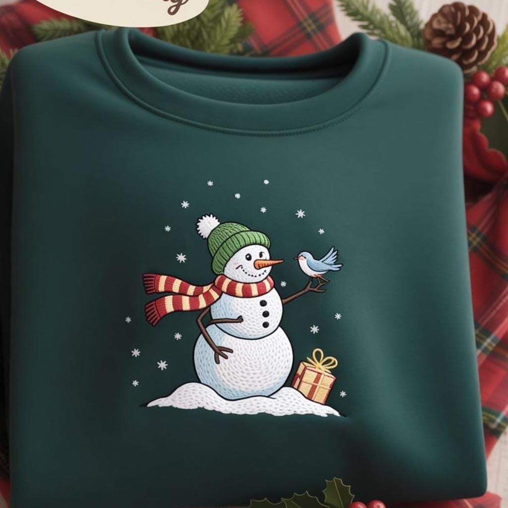 Snowman Embroidery Sweatshirt, Christmas Winter Sweatshirt, Cute Snowman with Bird Sweatshirt, Christmas Shirt for Women, Christmas Sweater