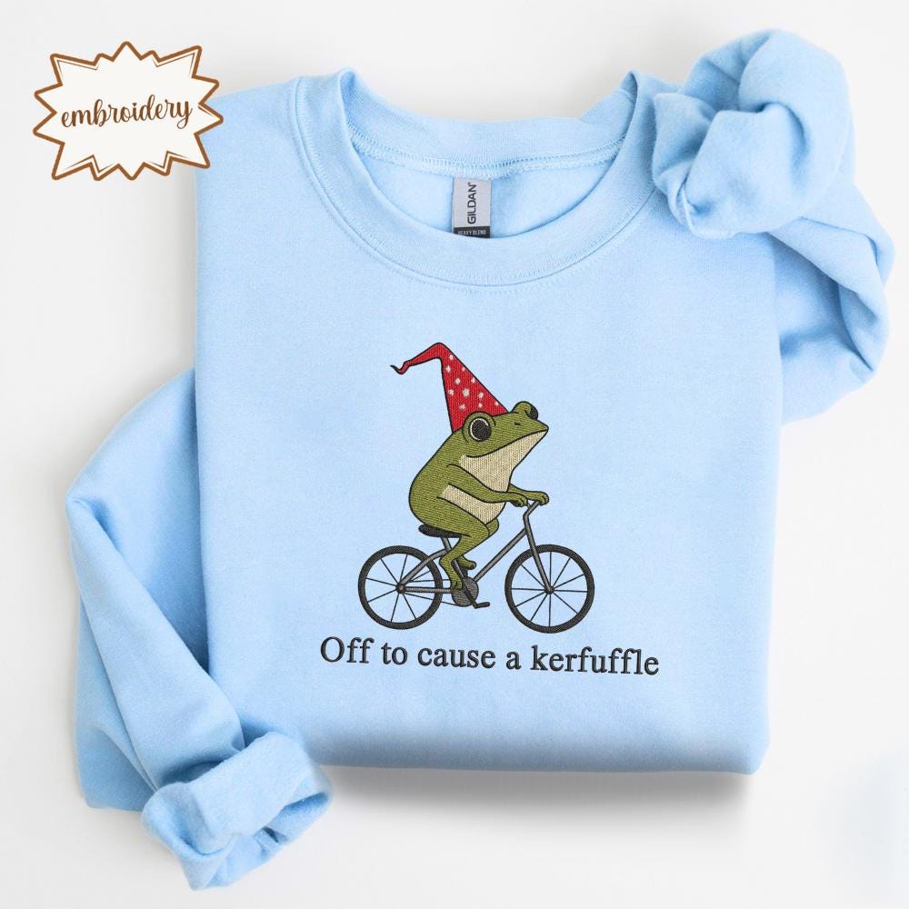Funny Frog Embroidered T-Shirt, Off to Cause a Kerfuffle Comfort Colors Embroidery Tee, Cute Funny Frog Embroidered Shirt Gift