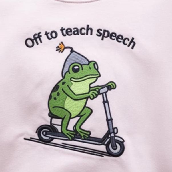 Embroidered SLP Shirt: Frog Scooter, Speech Therapist Gift