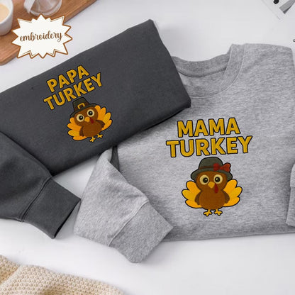 Papa Mama Turkey Thanksgiving Shirt, Matching Family Embroidered Tee