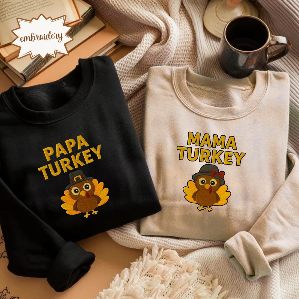 Papa Mama Turkey Thanksgiving Shirt, Matching Family Embroidered Tee