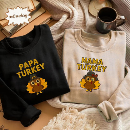 Papa Mama Turkey Thanksgiving Shirt, Matching Family Embroidered Tee