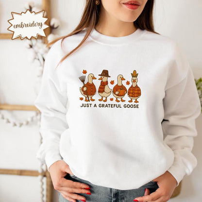 Grateful Goose Embroidered Thanksgiving Shirt, Trendy Fall Top