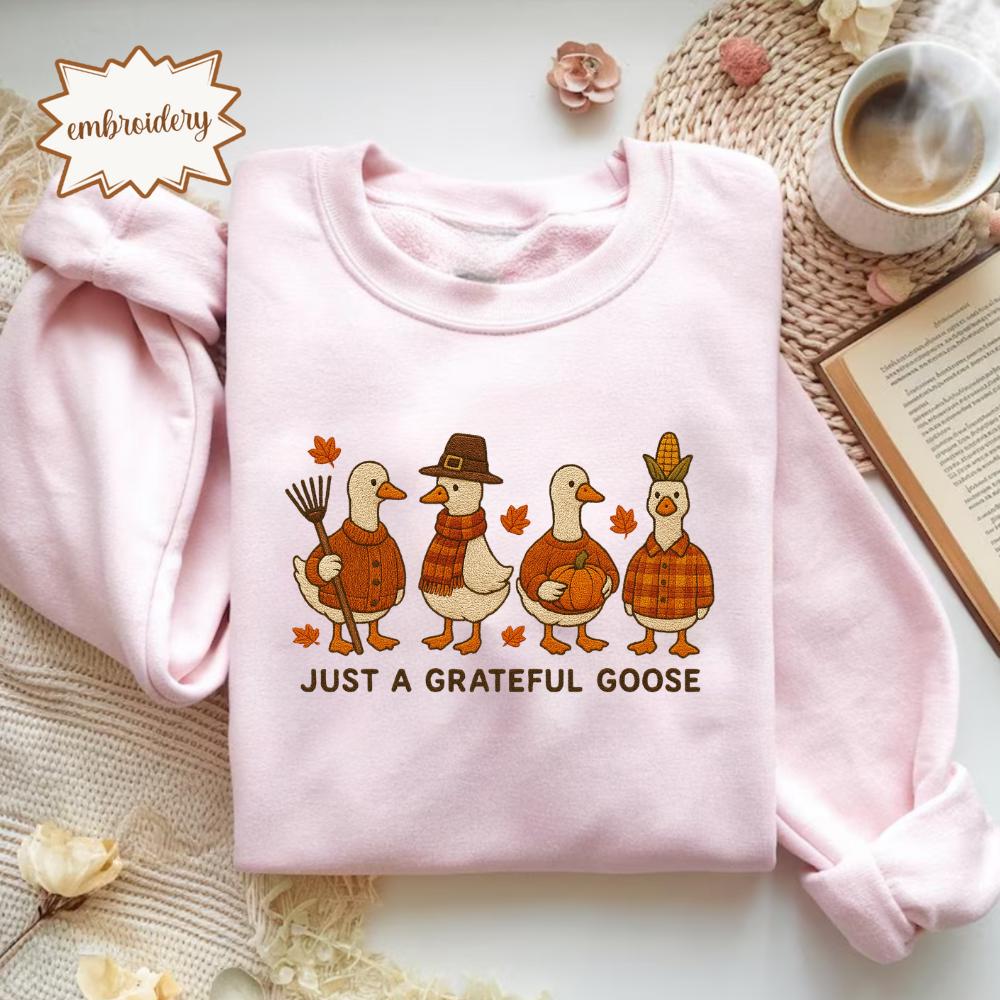 Grateful Goose Embroidered Thanksgiving Shirt, Trendy Fall Top