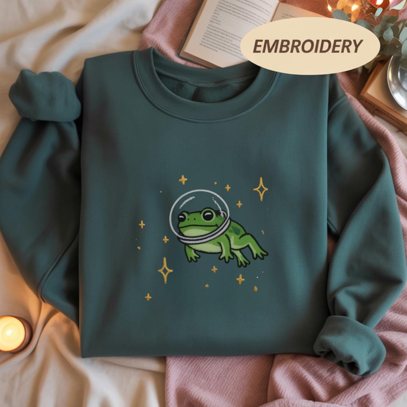 Space Frog Embroidered Shirt, Embroidered Frog Sweatshirt, Funny Hoodie, Renaissance Faire Frog Embroidered Shirt, Huzzah Frog Meme Shirt