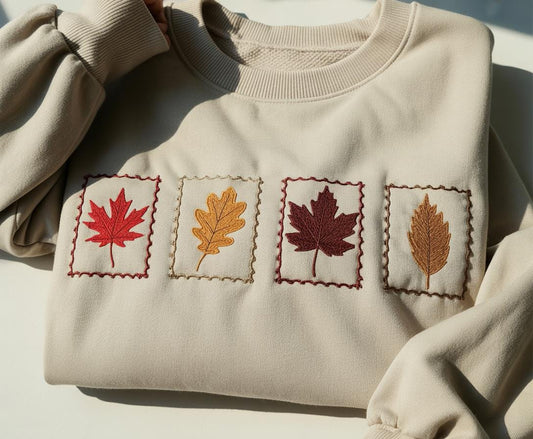 Embroidered Fall Leaves Sweatshirt, Cozy Autumn Crewneck