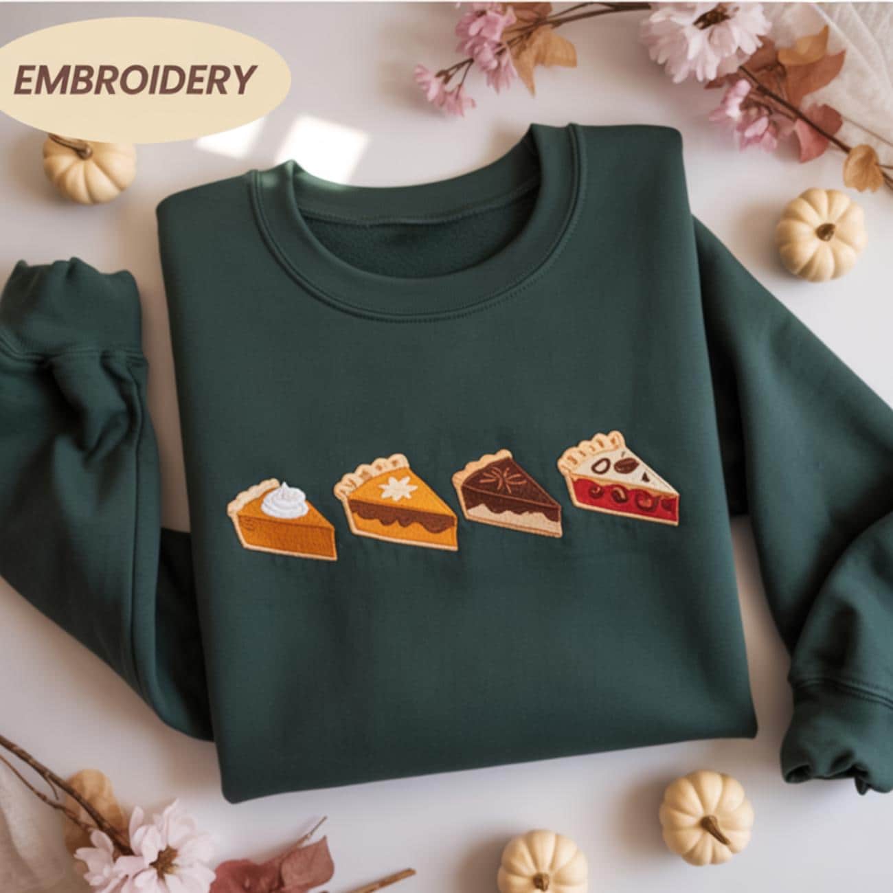 Thanksgiving Pie Embroidered Sweatshirt, Pumpkin Apple Cherry Pie Shirt, Cozy Fall Hoodie, Autumn Dessert Shirt, Thanksgiving Gift for Her