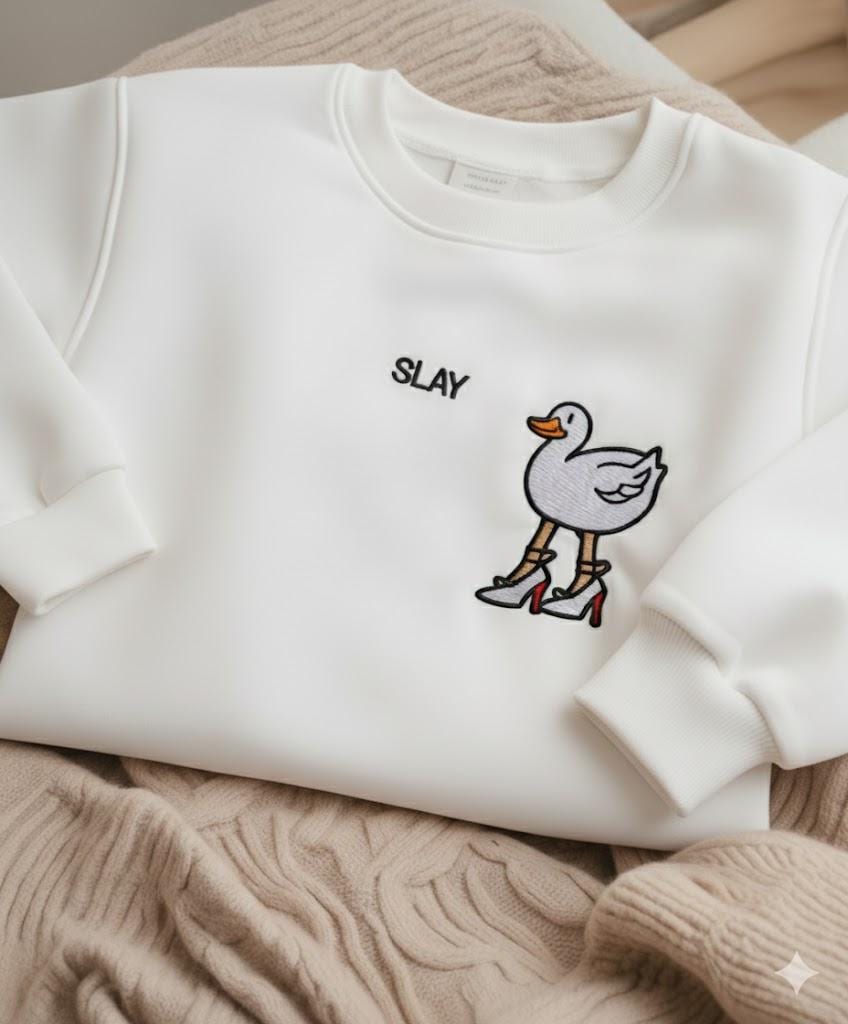 Embroidered Slay Duck Sweatshirt, Funny Monochromatic Shirt