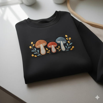 Mushroom and Wildflower Embroidered Sweatshirt, Autumn Leaves Embroidered Sweatshirt, Thanksgiving Machine Embroidered Sweatshirt