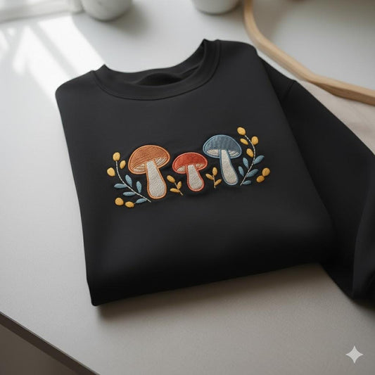 Mushroom and Wildflower Embroidered Sweatshirt, Autumn Leaves Embroidered Sweatshirt, Thanksgiving Machine Embroidered Sweatshirt