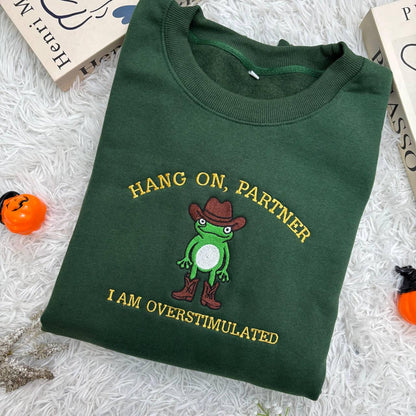 Embroidered Cowboy Frog Sweatshirt, Funny Weirdcore Jumper