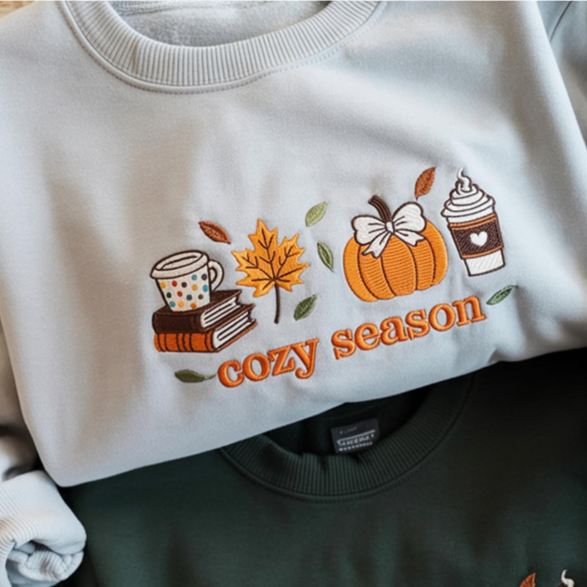 Cozy Season Embroidered Sweatshirt, Autumn Thanksgiving Embroidered Sweatshirt, Pumpkin Coffee Books, Leaves Fall Sweatshirt