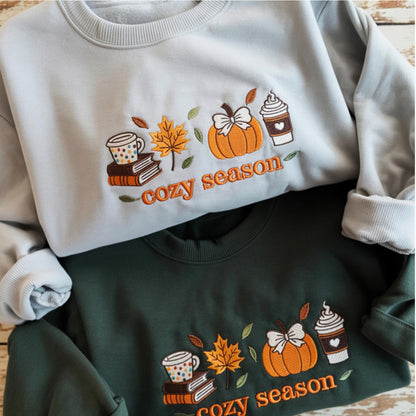 Cozy Season Embroidered Sweatshirt, Autumn Thanksgiving Embroidered Sweatshirt, Pumpkin Coffee Books, Leaves Fall Sweatshirt