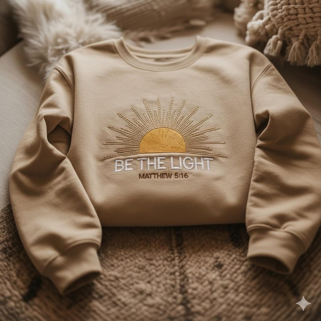 Be The Light Embroidered Shirt – Christian Bible Verse Tee, Faith Shirt for Women, Religious Jesus Lover Top, Positive Sunlight Gift