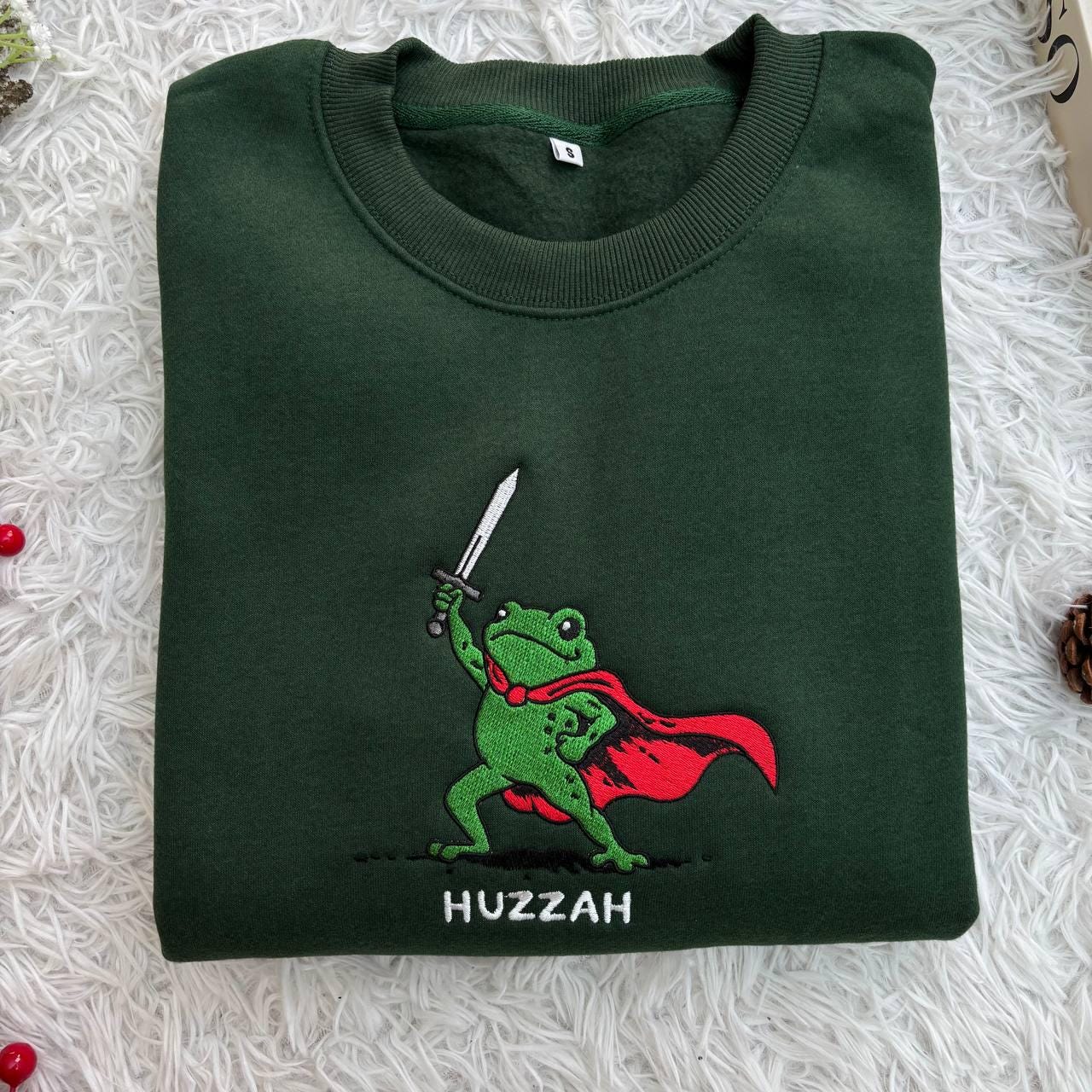 Huzzah Frog with Sword Embroidered Medieval Frog Sweatshirt, Funny Hoodie, Renaissance Faire Frog Embroidered Shirt, Huzzah Frog Meme Shirt
