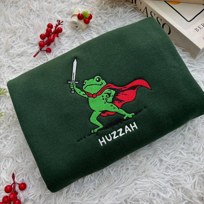 Huzzah Frog with Sword Embroidered Medieval Frog Sweatshirt, Funny Hoodie, Renaissance Faire Frog Embroidered Shirt, Huzzah Frog Meme Shirt