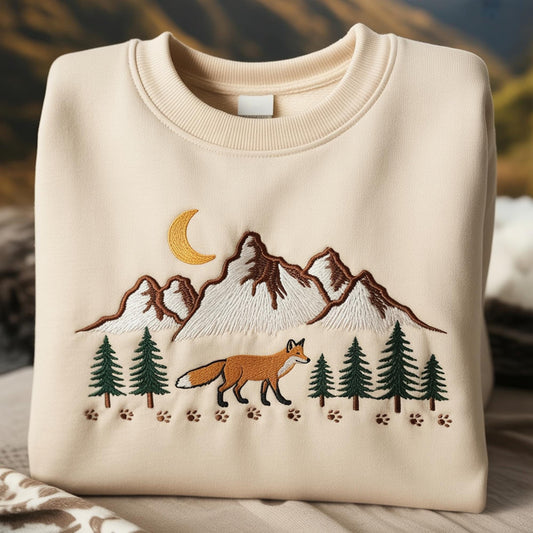 Forestcore Fox and Mountain Embroidered Sweatshirt, Nature Hiking Cottagecore Gift, Cozy Forest Animal Crewneck for Outdoor Lovers