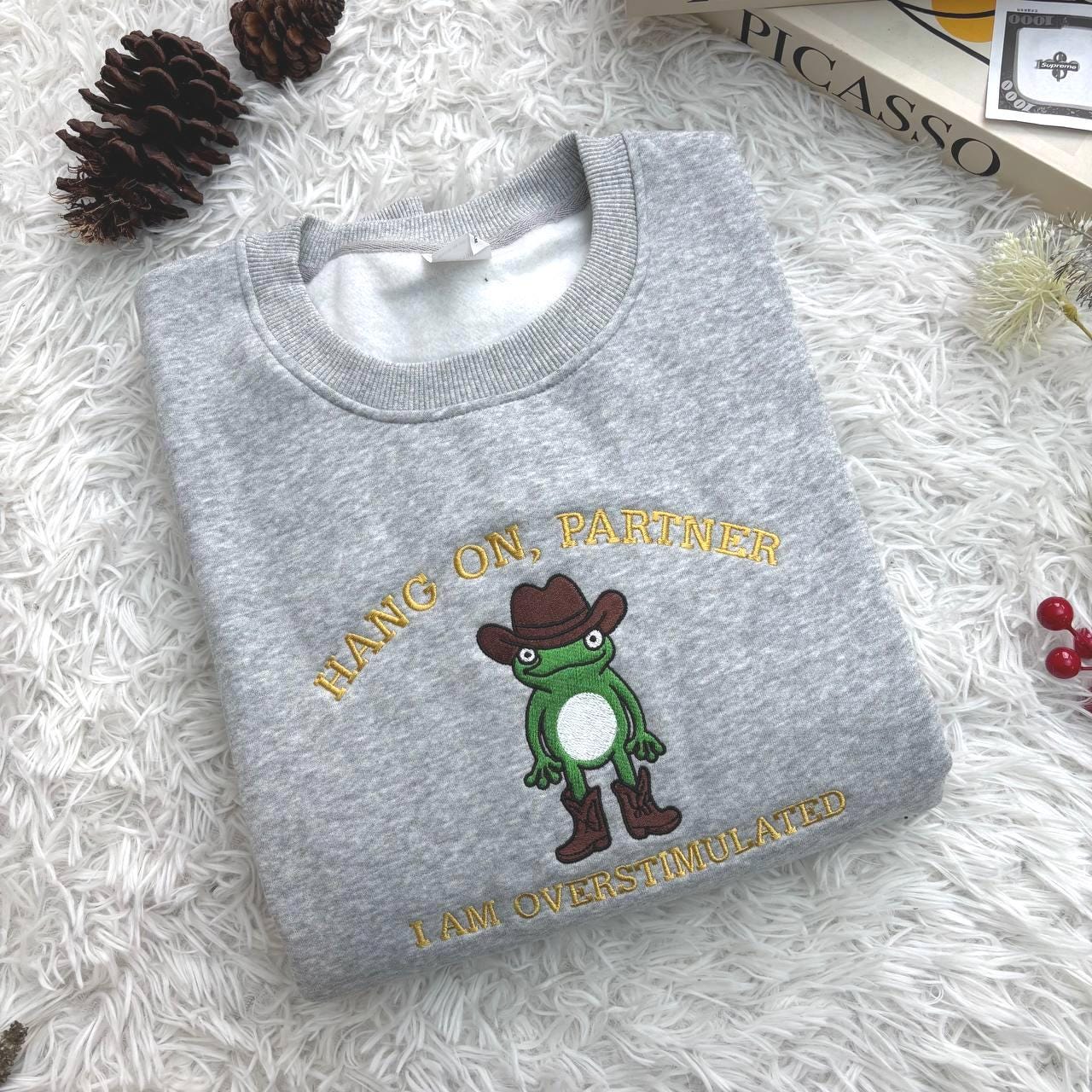 Embroidered Frog Sweatshirt, Cowboy Weirdcore Jumper, Funny Top